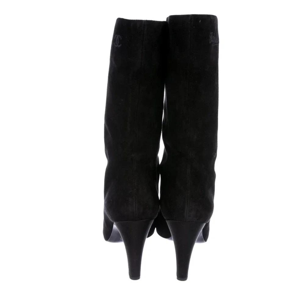 Chanel Black Suede Mid-Calf Boots Pointed Toe CC Logo Heels IT 39 US 9